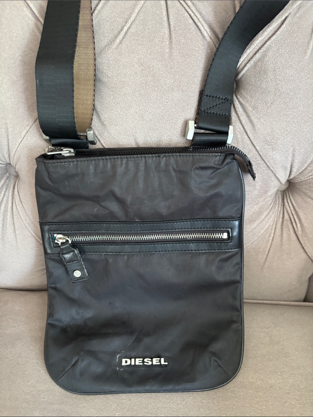 Diesel Black Nylon Messenger Bag with Brown Strap Accent